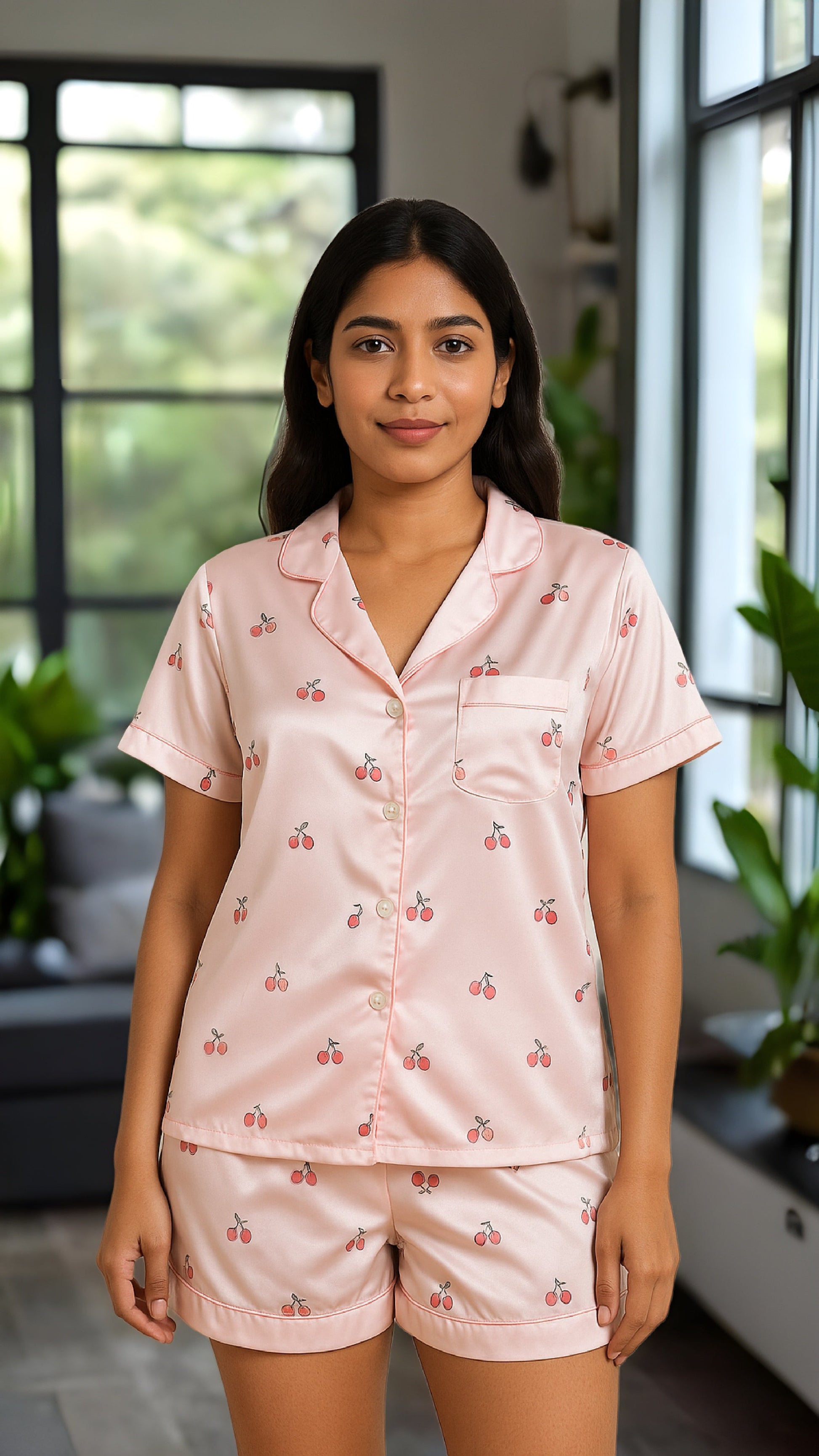 Cherry Blossom - OffWhite Cherry Printed Satin Smooth Night wear Pyjama set Crimson Curves