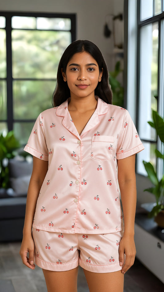 Cherry Blossom - OffWhite Cherry Printed Satin Smooth Night wear Pyjama set Crimson Curves