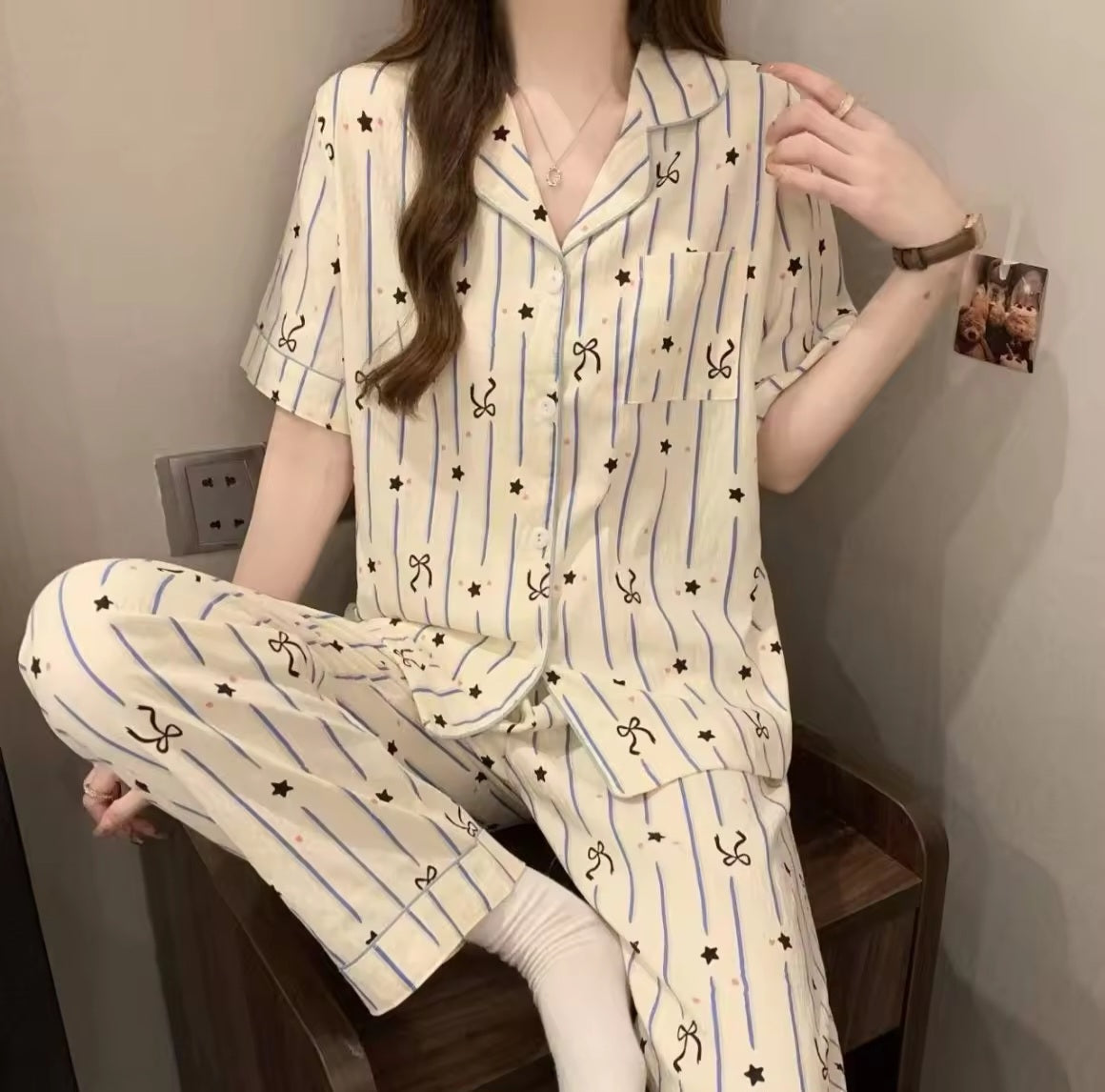 Japanese Silk Pyjama Set - Full Length, Short Sleeves - String Light Prints Crimson Curves