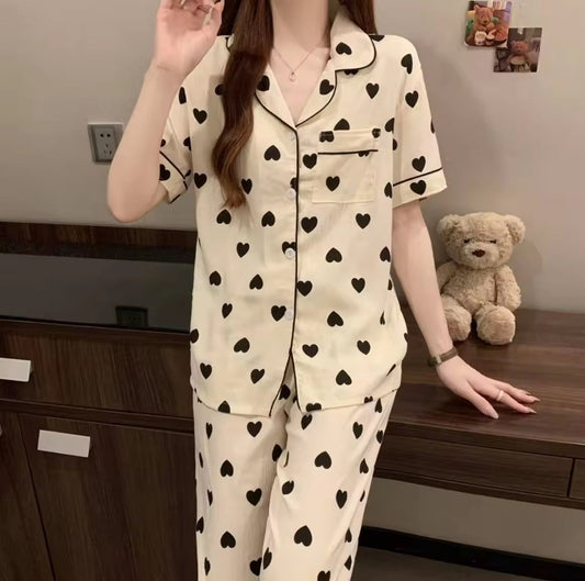 Lovin' Nite Japanese Silk Pajama Set - Full Length, Short Sleeves, Heart prints Crimson Curves