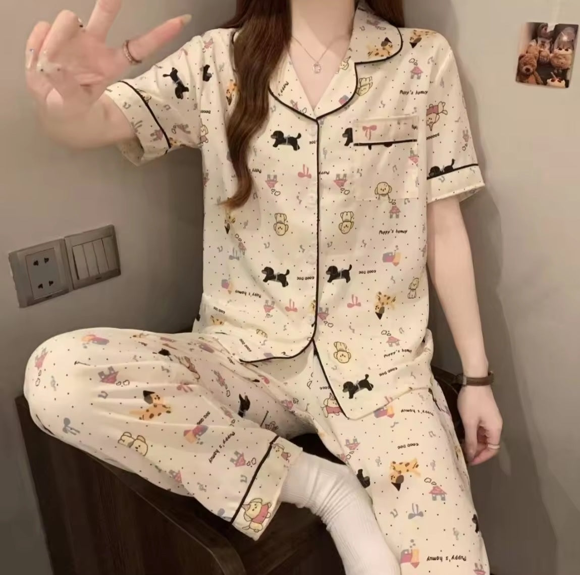 Sleep Joy Japanese Silk Pyjama Set - Full Length, Short Sleeves - Baby Animal Prints Crimson Curves