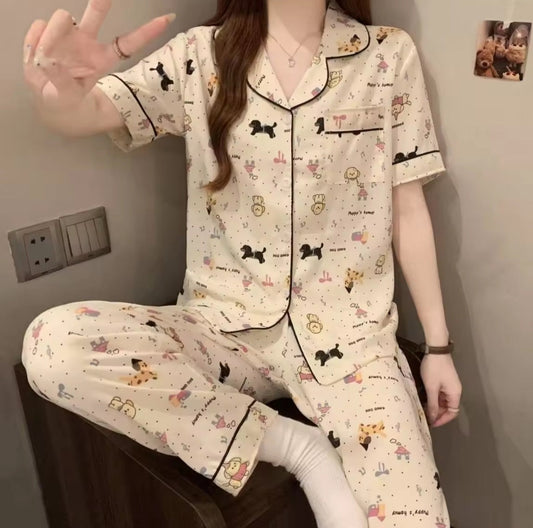 Sleep Joy Japanese Silk Pyjama Set - Full Length, Short Sleeves - Baby Animal Prints Crimson Curves